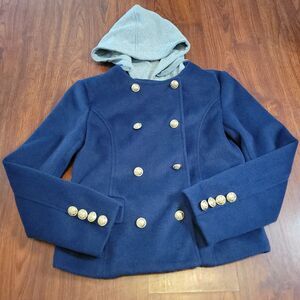 Maeve Anthropologie Jacket Womens x-small Twofer Hoodie Peacoat Navy Gold Button